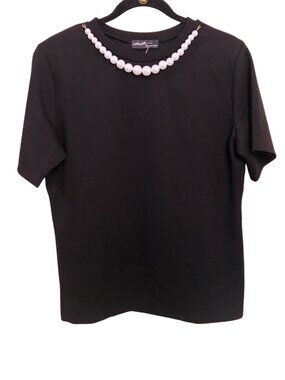 WOMEN'S ONTWELFTH BLACK T-SHIRT W/ DETACHABLE CHUNKY PEARL NECKLACE - SIZE S